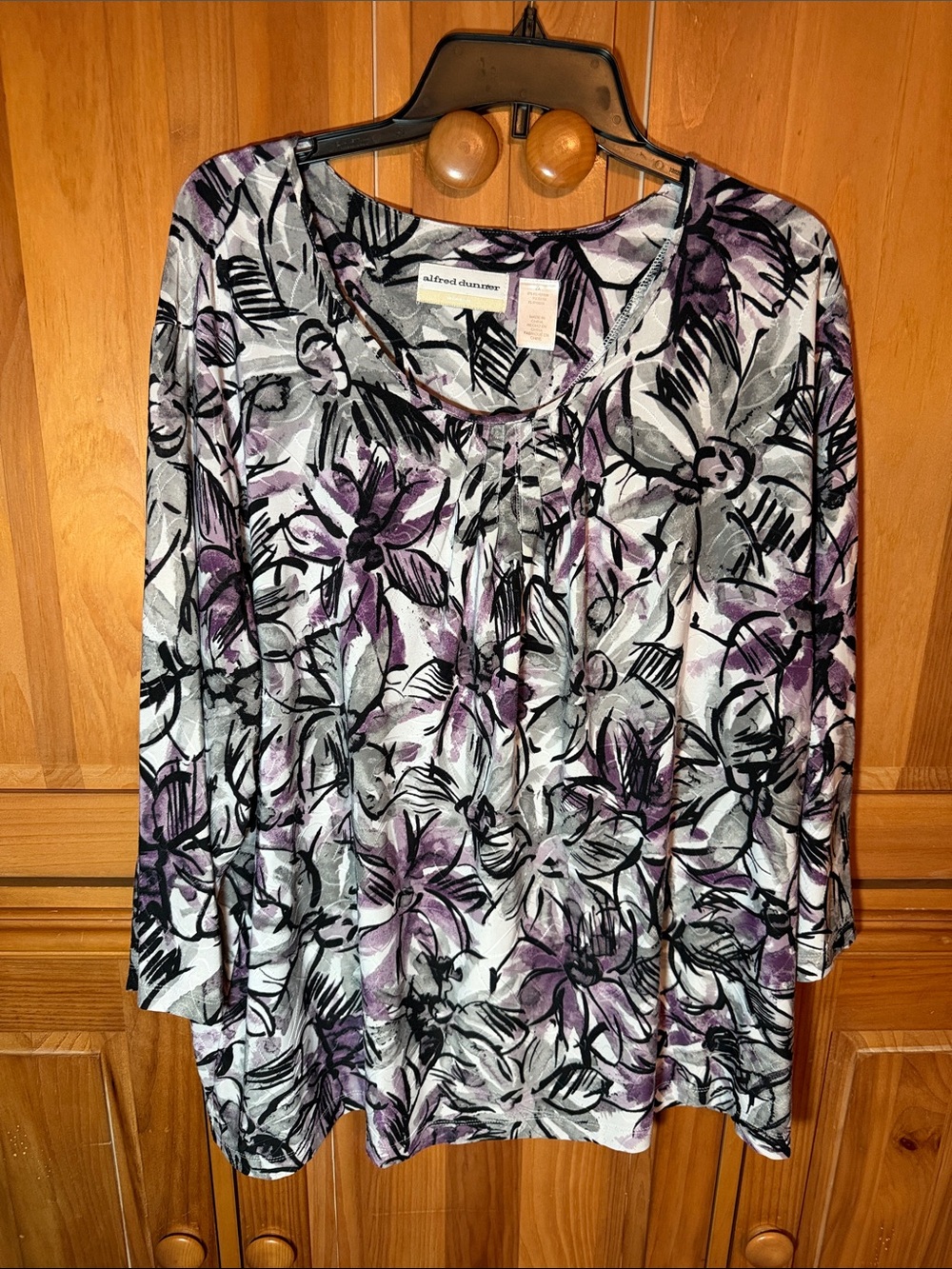Alfred Dunner Plus Size Lavender and Gray Floral Scoop Neck 3/4 Long Sleeve Top